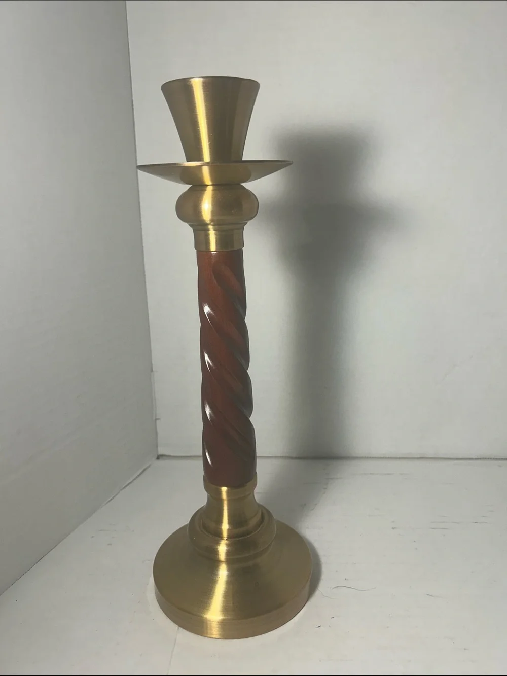 Brass and Wood Spiral Candlestick Holder - Gold and Brown